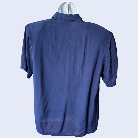 Impressions of California 90s Rayon Camp Shirt Navy Monogram Pocket Women 12 USA - Picture 2 of 6